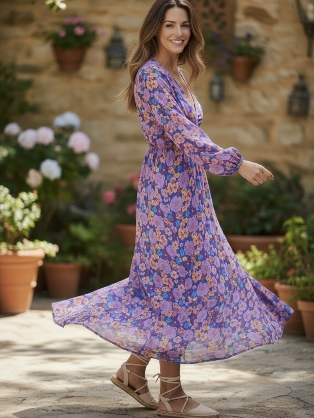 Boho Floral Long Sleeve Flowy Dress Purple Orange Designer Women’s M/L Sundress